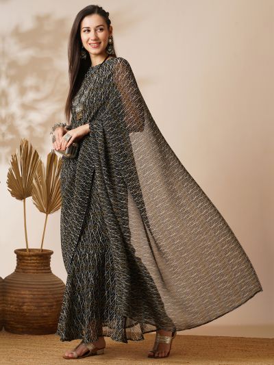 Globus Women Black Ikat Print Heat Pleated Georgette Ready To Wear Fusion Gown Saree