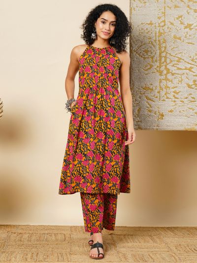 Globus Women Yellow Allover Floral Printed Halter Neck Flared Hem Pleated A-Line Workwear Kurta & Pants Sets