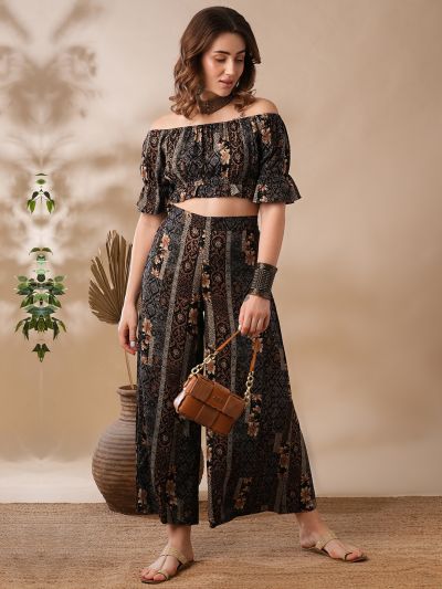 Globus Women Blue Off-Shoulder Puff Sleeves Ethnic Motifs Floral Printed Crop Top & Palazzos Fusion Co-Ord Set