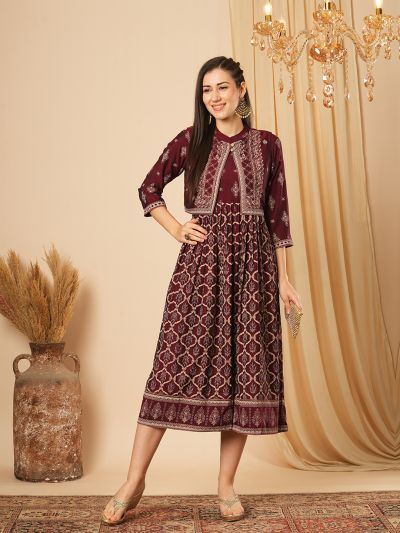 Globus Women Maroon Allover Butti Print Panelled Pleated A-Line Midi Festive Dress With Sleeveless Detachable Koti