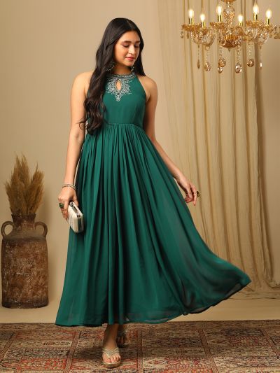 Globus Women Teal Zari Embroidered & Sequinned Keyhole Halter Neck Fit & Flare Fusion Maxi Dress