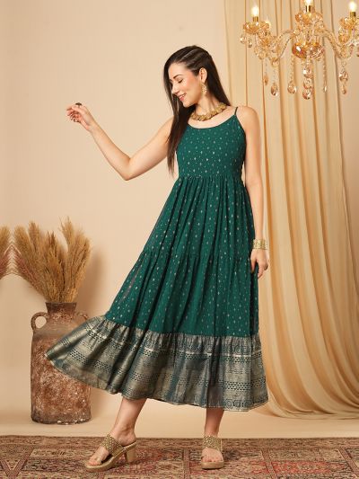 Globus Women Green Strappy Shoulder Gold Foil Ethnic Motifs Smocked Tiered Fit & Flare Maxi Festive Dress