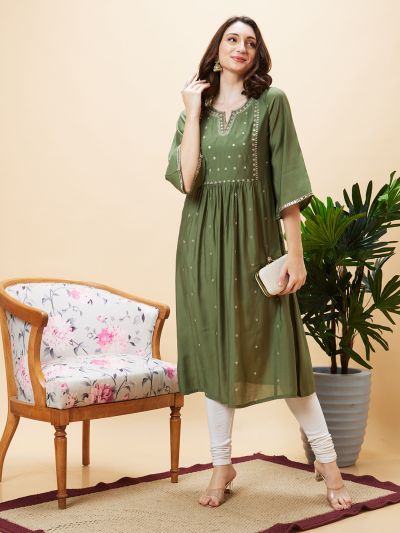 Globus Women Green Embroidered Round Neck Flared Sleeves Festive A-Line Kurta