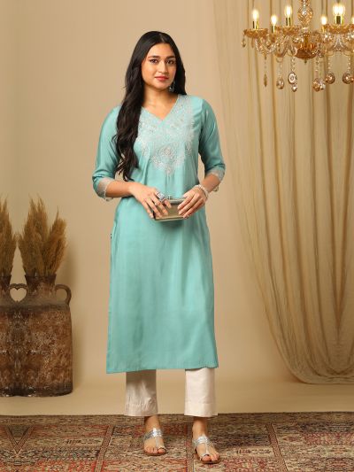 Globus Women Green V-Neck Zari Embroidered Yoke Design Straight Calf Length Ethnic Kurta