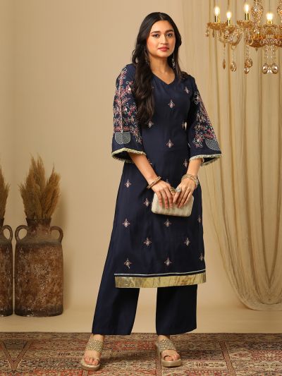 Globus Women Navy Blue V-Neck Zari Embroidered Fringe Lace Detailing Bell Sleeves Straight Kurta & Elasticated Pants Festive Set