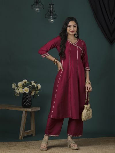 Globus Women Maroon Embroidered V-Neck Gold Lace Detail Panelled Angrakha A-Line Kurta & Elasticated Pants Festive Set