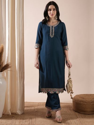 Globus Women Teal Embroidered Placket & Scalloped Hem Abla Highlight Straight Kurta With Pants Festive Set