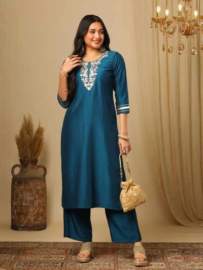 Globus Women Teal Zari Embroidered Yoke Gotta Lace Detailing Straight Kurta & Elasticated Pants Festive Set