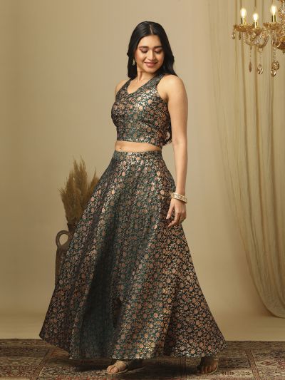 Globus Women Green Brocade Floral Jaal Print Halter Neck Stylised Back Blouse & Flared Lehenga Festive Co-Ords Set