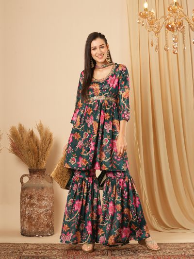 Globus Women Green Allover Floral Printed Sequinned Yoke Front Slit Tunic With Gharara & Chocker Dupatta Festive Co-Ord Set