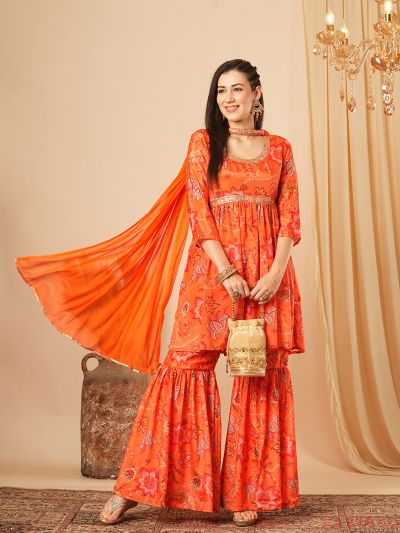 Globus Women Orange Allover Floral Printed Sequinned Yoke Front Slit Tunic With Gharara & Chocker Dupatta Festive Co-Ord Set