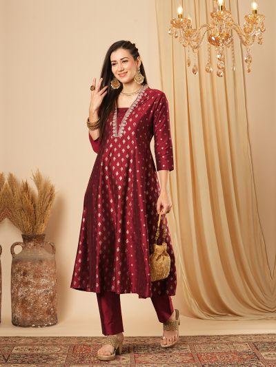 Globus Women Maroon Embroidered V-Neck Allover Gold Foil Printed Panelled Anarkali Kurta With Elasticated Narrow Pants Festive Set