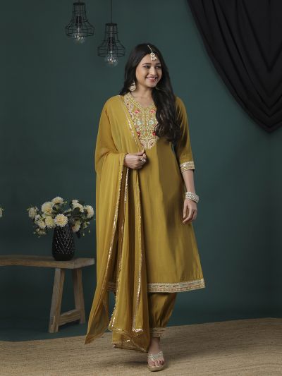 Globus Women Mustard Sequinned & Floral Embroidered V-Neck Straight Kurta, Afghani Pants & Dupatta Festive Set