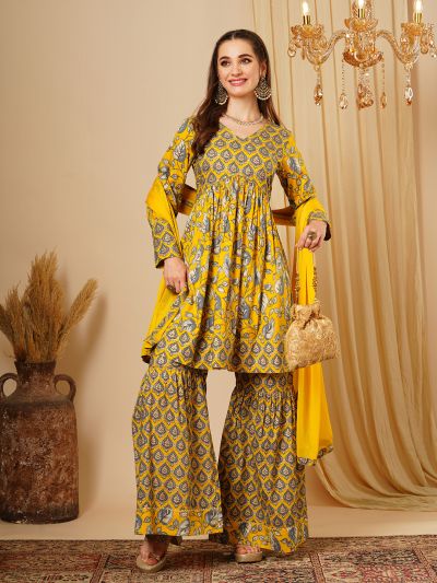 Globus Women Mustard Allover Floral Print Alia Cut Knee Length Kurta With Sharara & Dupatta Festive Wear Set