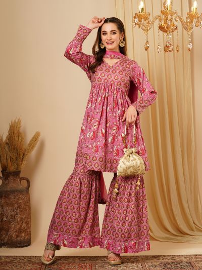 Globus Women Pink Allover Floral Print Alia Cut Knee Length Kurta With Sharara & Dupatta Festive Wear Set