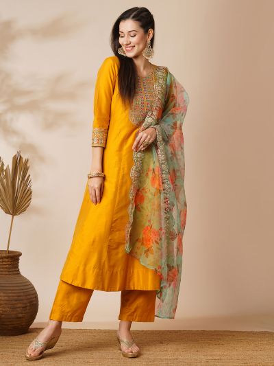 Globus Women Yellow Embroidered Yoke Panelled Anarkali Kurta With Pants & Scalloped Border Organza Dupatta Festive Set