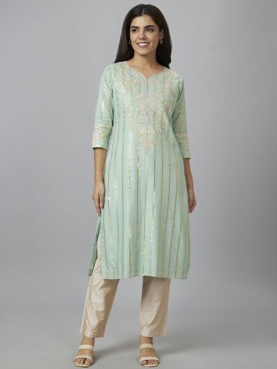 Globus Women Sea Green Embroidered Straight Kurta