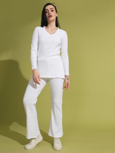 Globus Women White V-Neck Ribbed Long Sleeves Side Slit Top & Fully Elasticated Ankle Length Trouser Co-ord Set