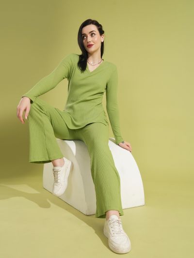 Globus Women Green V-Neck Ribbed Long Sleeves Side Slit Top & Fully Elasticated Ankle Length Trouser Co-ord Set