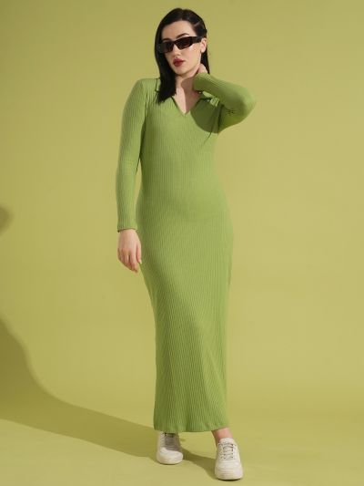 Globus Women Green Full Sleeves Collared Neck Ribbed Bodycon Side Slit Maxi Dress