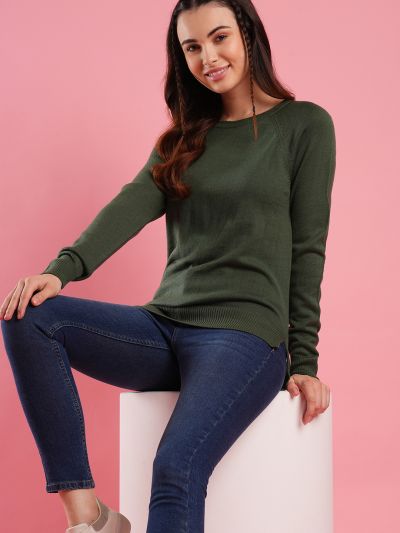 Globus Women Green Round Neck Raglan Sleeves Ribbed High Low Hem Flat Knitted Pullover