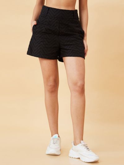 Globus Women Black Chevron Schiffli High-Rise Cotton Shorts