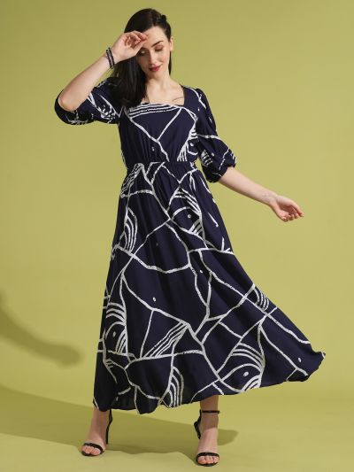 Globus Women Blue Abstract Print Square Neck Puff Sleeves Fit & Flare Maxi Dress