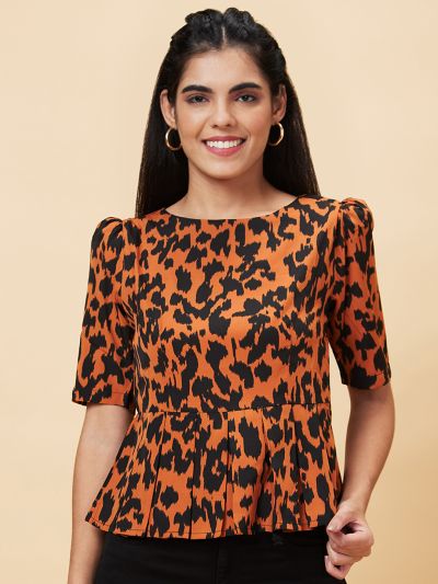 Globus Women Rust Animal Print Puff Sleeves Pleated Peplum Top