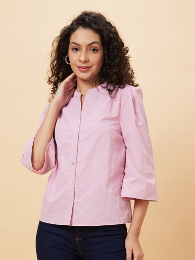 Globus Women Pink Solid Mandarin Collar Casual Top