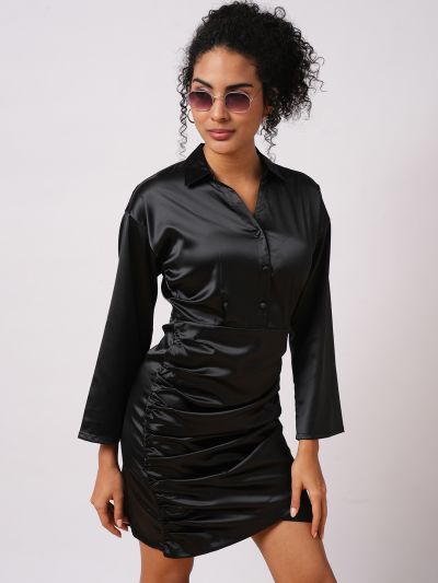 Globus Women Black V-Neck Flared Sleeves Shirt Style Pleated Satin Mini Party Dress