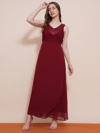 Globus Women Maroon V-Neck Sequinned Pintuck Fit & Flare Maxi Party Dress