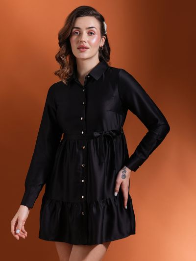 Globus Women Black Cuff Sleeves Shirt Collar Button Down Belted Fit & Flare Mini Party Dress