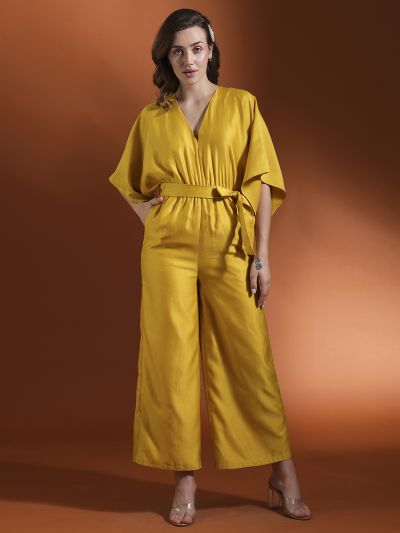 Globus Women Yellow V-Neck Kimono Style Extended Sleeves Waist Tie-Up Flared Hem Work Wear Jumpsuit