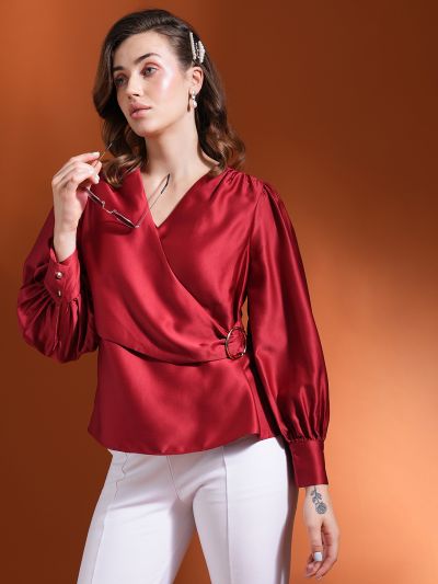 Globus Women Maroon Wrap V-Neck Bishop Cuffed Sleeves Satin Workwear Top