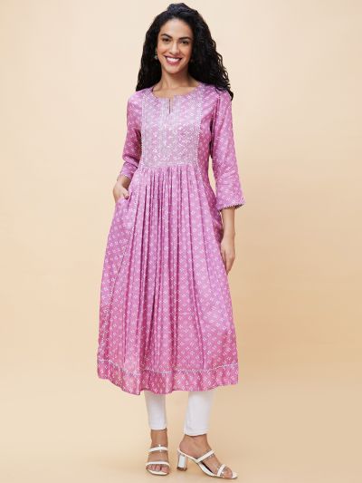 Globus Women Mauve Printed Round Neck 3/4 Sleeves A-Line Kurta