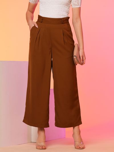 Globus Women Tan High-Rise Pleated Back Frilled Waist Wide Leg Trousers