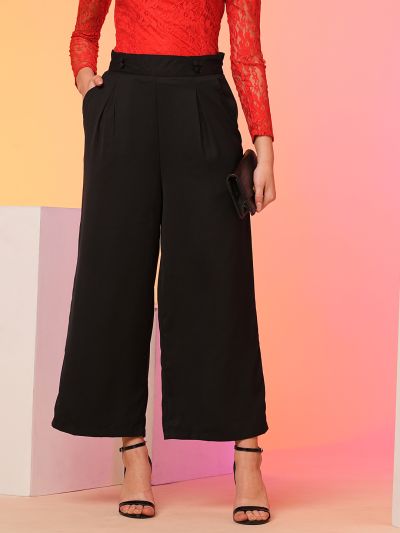 Globus Women Black High-Rise Pleated Back Frilled Waist Wide Leg Trousers