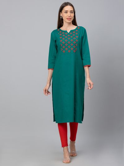 Globus Dark Green Embroidered Kurta