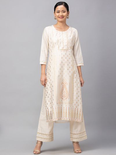 Globus Off White Ethnic Motifs Kurta