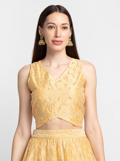 Globus Beige Embroidered Sleeveless Ethnic Crop Top