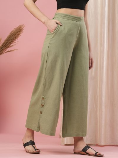 Globus Women Olive Mid-Rise Partially Elasticated Waist Opaque Wide Leg Palazzos