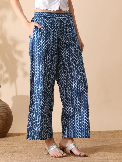 Globus Women Blue All Over Printed Straight Fusion Palazzos With Side Tassel Drawstring