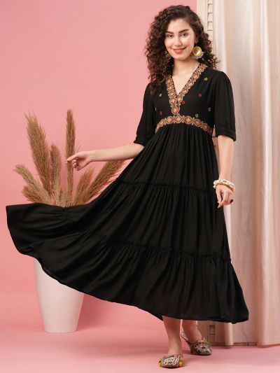 Globus Women Black V-Neck Embroidered Yoke Tiered Flared A-Line Dress