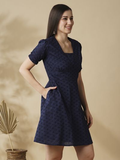 Globus Women Navy Blue Self-Design V-Neck Puff Sleeves Flared Hem A-Line Ethnic Dress