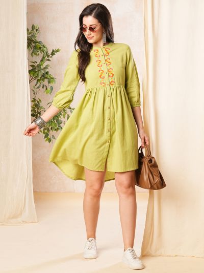 Globus Women Green Band Collar Embroidered Yoke Placket Workwear Dress