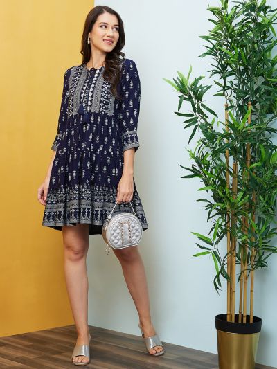 Globus Women Navy Ethnic Motifs Print Tie-Up Neck A-Line Dress