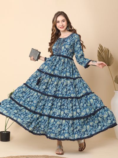 Globus Women Blue Floral Embroidered Yoke Tiered Lace Insert Maxi Dress