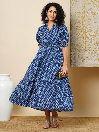 Globus Women Indigo Ethnic Motif Printed Puff Sleeves Mandarin Collar Tiered Waist Tie-Up Fit & Flare Fusion Maxi Dress