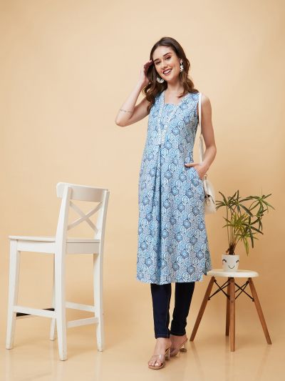 Globus Women Blue Floral Print A-Line Fusion Kurta