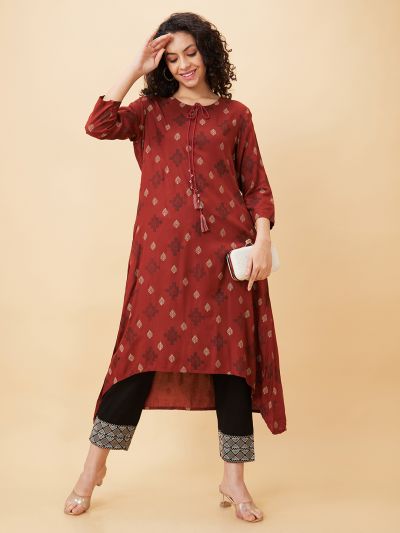 Globus Women Rust Printed Tie-Up Neck A-Line Kurta